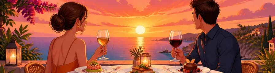 Cena gourmet DeLuxe de tres platos con dos bebidas y puesta de sol