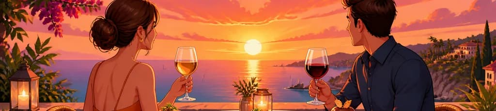 Cena gourmet DeLuxe de tres platos con dos bebidas y puesta de sol