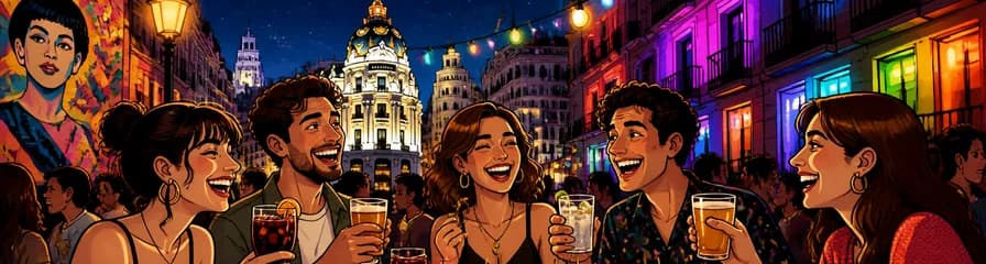 Descubre la vibrante noche de Madrid: tour de copas, tapas y fiesta