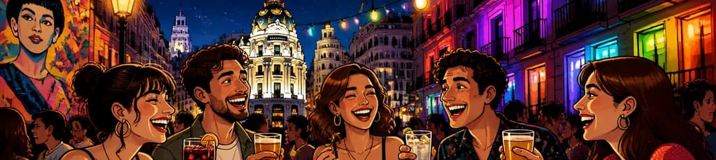 Descubre la vibrante noche de Madrid: tour de copas, tapas y fiesta