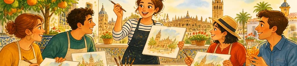 Sesión de acuarela y aperitivo en Sevilla, impartida en francés
