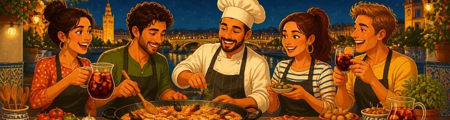 Experiencia culinaria nocturna en Sevilla: taller de paella, tapas y sangría