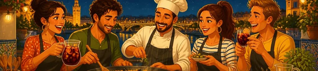 Experiencia culinaria nocturna en Sevilla: taller de paella, tapas y sangría