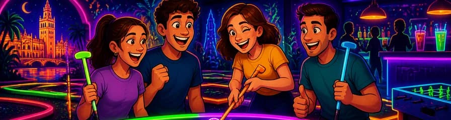Disfruta de una aventura de minigolf fluorescente de 18 hoyos bajo techo en el corazón de Sevilla