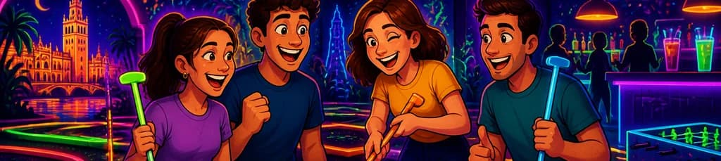 Disfruta de una aventura de minigolf fluorescente de 18 hoyos bajo techo en el corazón de Sevilla