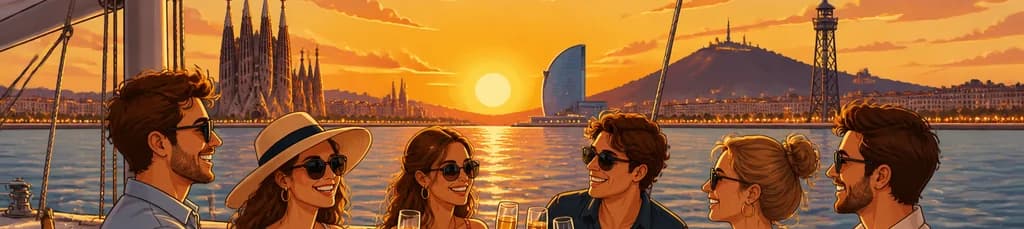 Experiencia de navegación privada de lujo al atardecer en Barcelona con barra libre