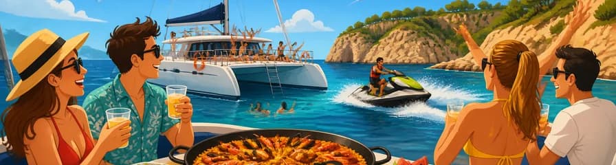 Jornada marítima en Cala Blanca: catamarán, paella y experiencia en moto de agua