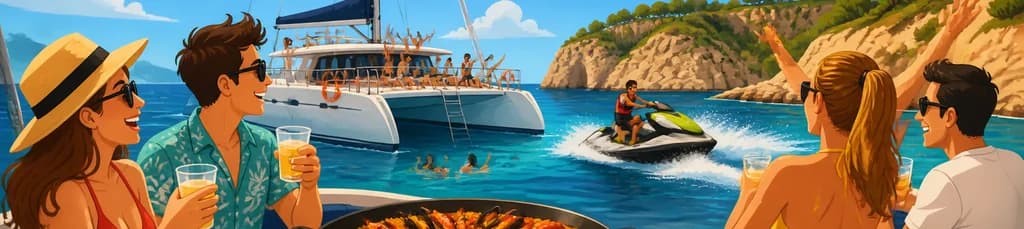 Jornada marítima en Cala Blanca: catamarán, paella y experiencia en moto de agua