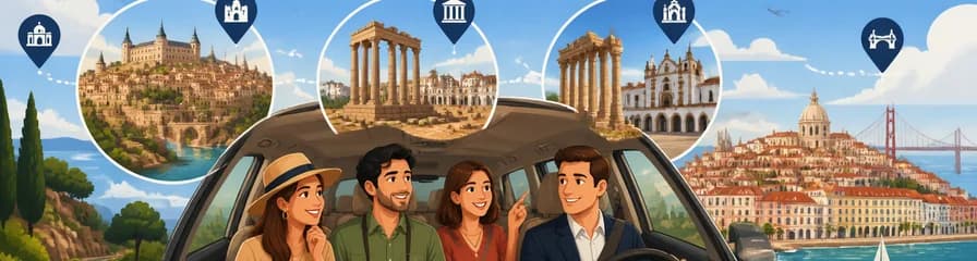 Traslado privado de Madrid a Lisboa con la opción de tres paradas culturales: Toledo, Mérida y Évora