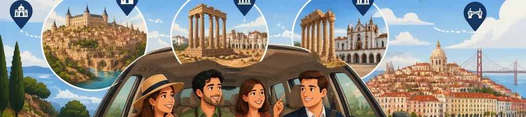 Traslado privado de Madrid a Lisboa con la opción de tres paradas culturales: Toledo, Mérida y Évora