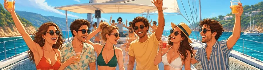 Travesía festiva en catamarán por la Costa Brava con otros grupos, disponible los sábados.