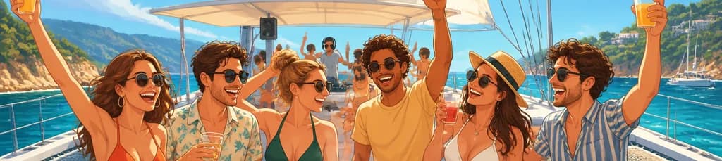 Travesía festiva en catamarán por la Costa Brava con otros grupos, disponible los sábados.