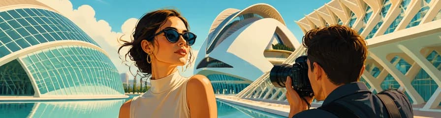Sesión fotográfica de elegancia futurista en los exteriores de la Ciudad de las Artes y las Ciencias