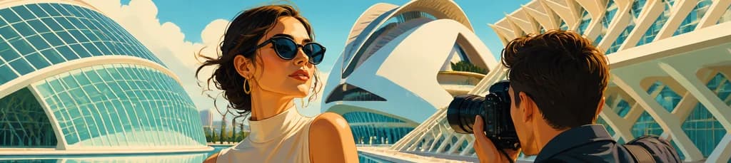 Sesión fotográfica de elegancia futurista en los exteriores de la Ciudad de las Artes y las Ciencias