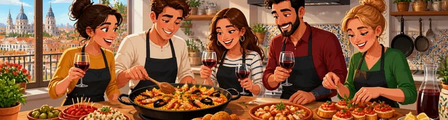 Clase de Cocina de Tapas y Paella Españolas con Bebidas Ilimitadas en Madrid