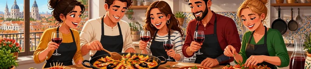 Clase de Cocina de Tapas y Paella Españolas con Bebidas Ilimitadas en Madrid