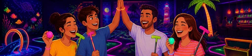 Experimenta la aventura de minigolf de 18 hoyos bajo luz ultravioleta en un espacio interior de Marbella