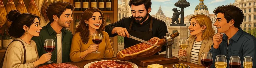 Experiencia gastronómica en Madrid: un tour de jamón ibérico y vino español en grupo reducido
