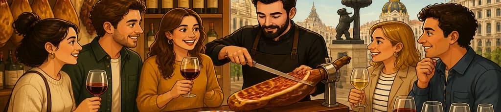 Experiencia gastronómica en Madrid: un tour de jamón ibérico y vino español en grupo reducido