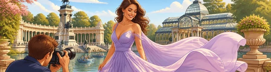 Sesión de fotos con vestido vaporoso en el Parque del Retiro de Madrid