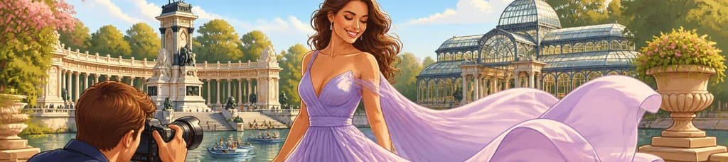 Sesión de fotos con vestido vaporoso en el Parque del Retiro de Madrid