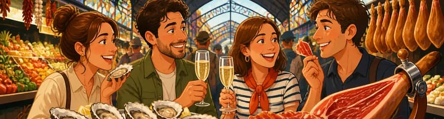 Degustación de ostras españolas, cava y jamón ibérico en el Mercado de La Boquería de Barcelona