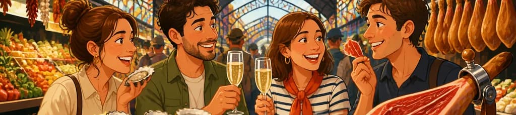 Degustación de ostras españolas, cava y jamón ibérico en el Mercado de La Boquería de Barcelona