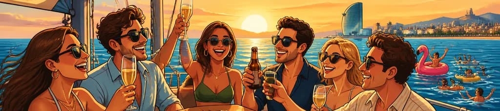 Navegación privada en Barcelona al atardecer o durante el día, con barra libre y aperitivos