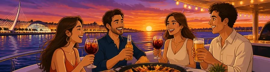 Experiencia gastronómica nocturna en un crucero por Valencia con cena y bebidas