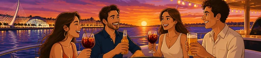 Experiencia gastronómica nocturna en un crucero por Valencia con cena y bebidas