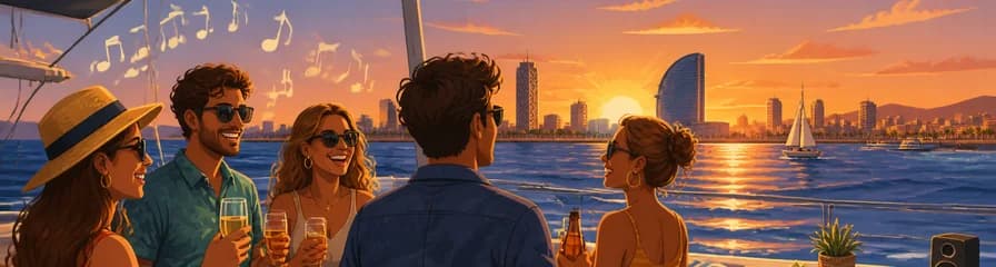 Puesta de sol en Barcelona desde el mar: música y bebidas a bordo
