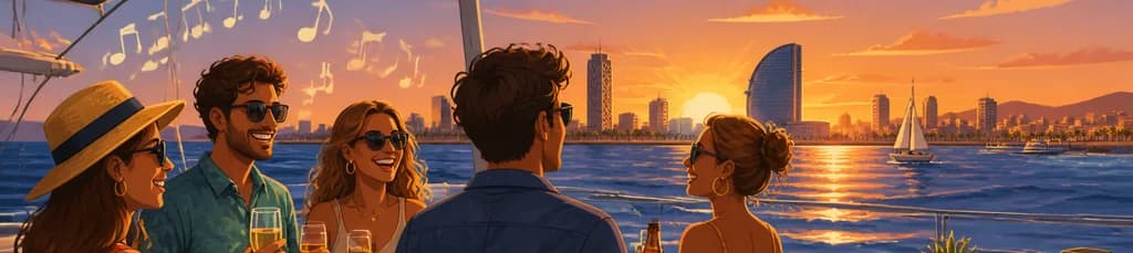 Puesta de sol en Barcelona desde el mar: música y bebidas a bordo