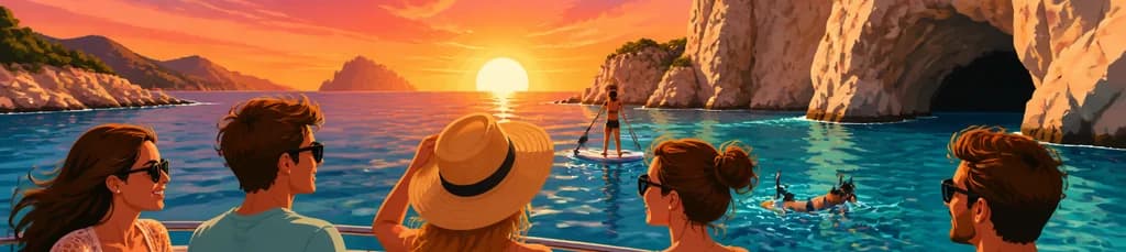 Travesía marítima al atardecer en Ibiza: snorkel, playas y exploración de cuevas