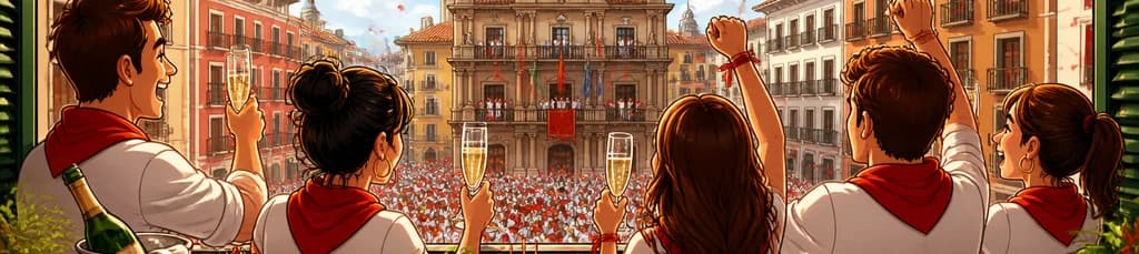 Vista privada del Chupinazo desde balcón con champán y tapas en Pamplona