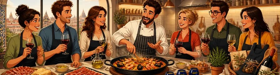 Exclusiva clase de cocina privada en Madrid con maridaje de vino ilimitado y menú de 5 platos