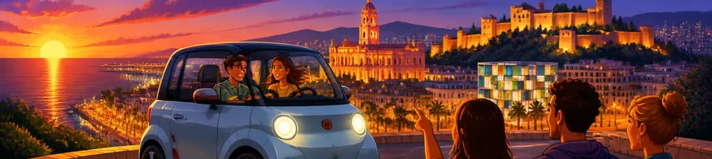 Explora Málaga al anochecer y por la noche en un tour autoguiado en coche eléctrico