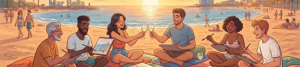 Sesión de dibujo y brindis en la playa